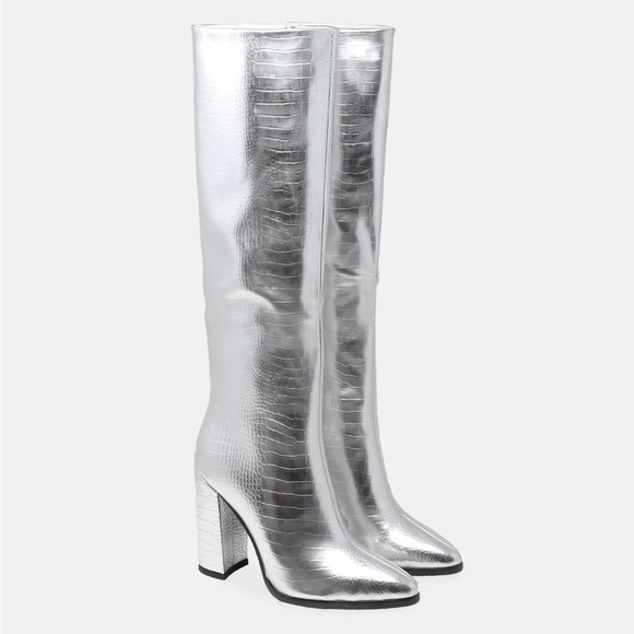 vivorosa Shoes - EVELYN CROC EMBOSSED BLOCK HEEL KNEE HIGH BOOT IN SILVER FAUX LEATHER - EU 35
